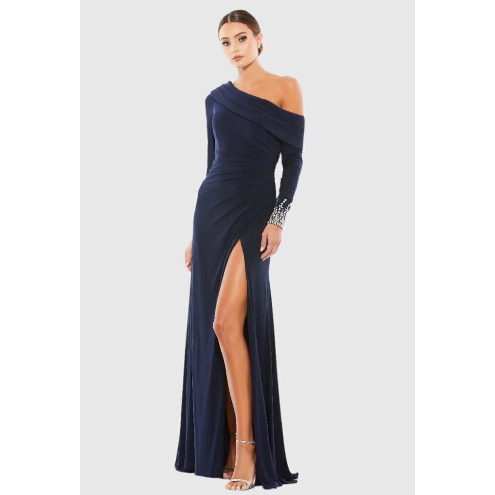 Mac Duggal Navy Beaded Cuff Drop Shoulder Faux Wrap Gown - Size 2 - NWT